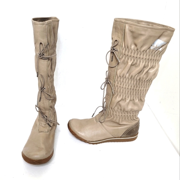 Sorel Shoes - Sorel Firenzy Winter Tall Leather Boots Sesame Pleated Stretch Calf Size 7 Tan